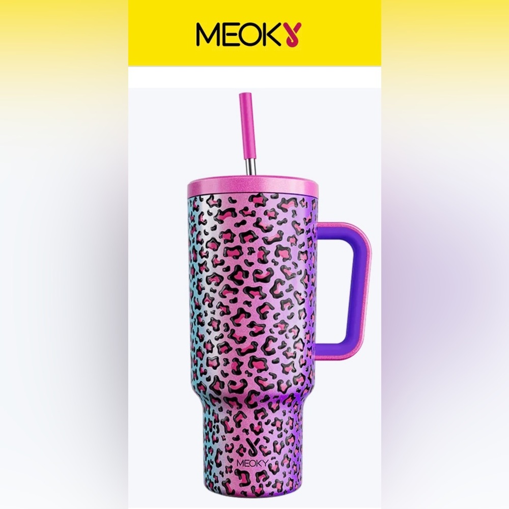Meoky 40 oz tumbler with straw Rainbow Leopard Brand New